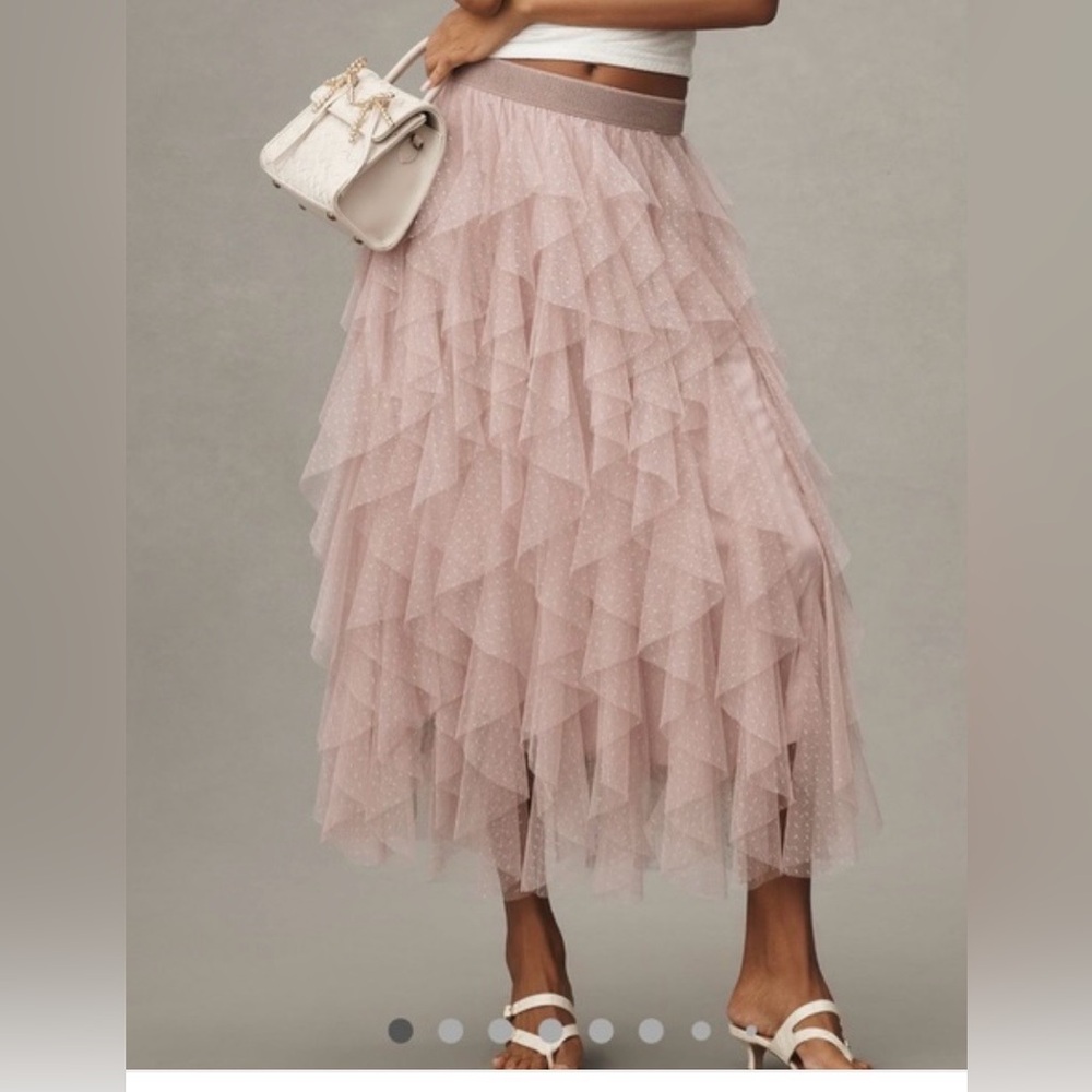 Anthropologie Evelyn Cheri Cheri in rose ruffled tulle XL midi skirt